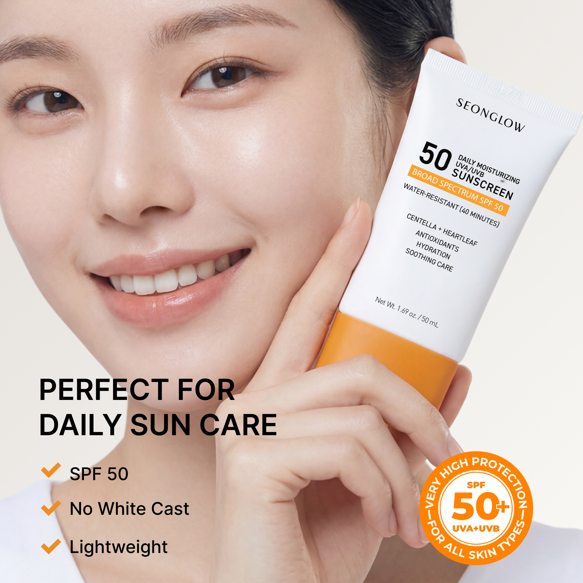 Sunscreen for Face SPF 50: Korean Daily Facial Moisturizer Sun Protector with Centella Heartleaf & Vitamin E - Lightweight Formula No White Cast & Water Resitant 0.68 OZ/ 20mL