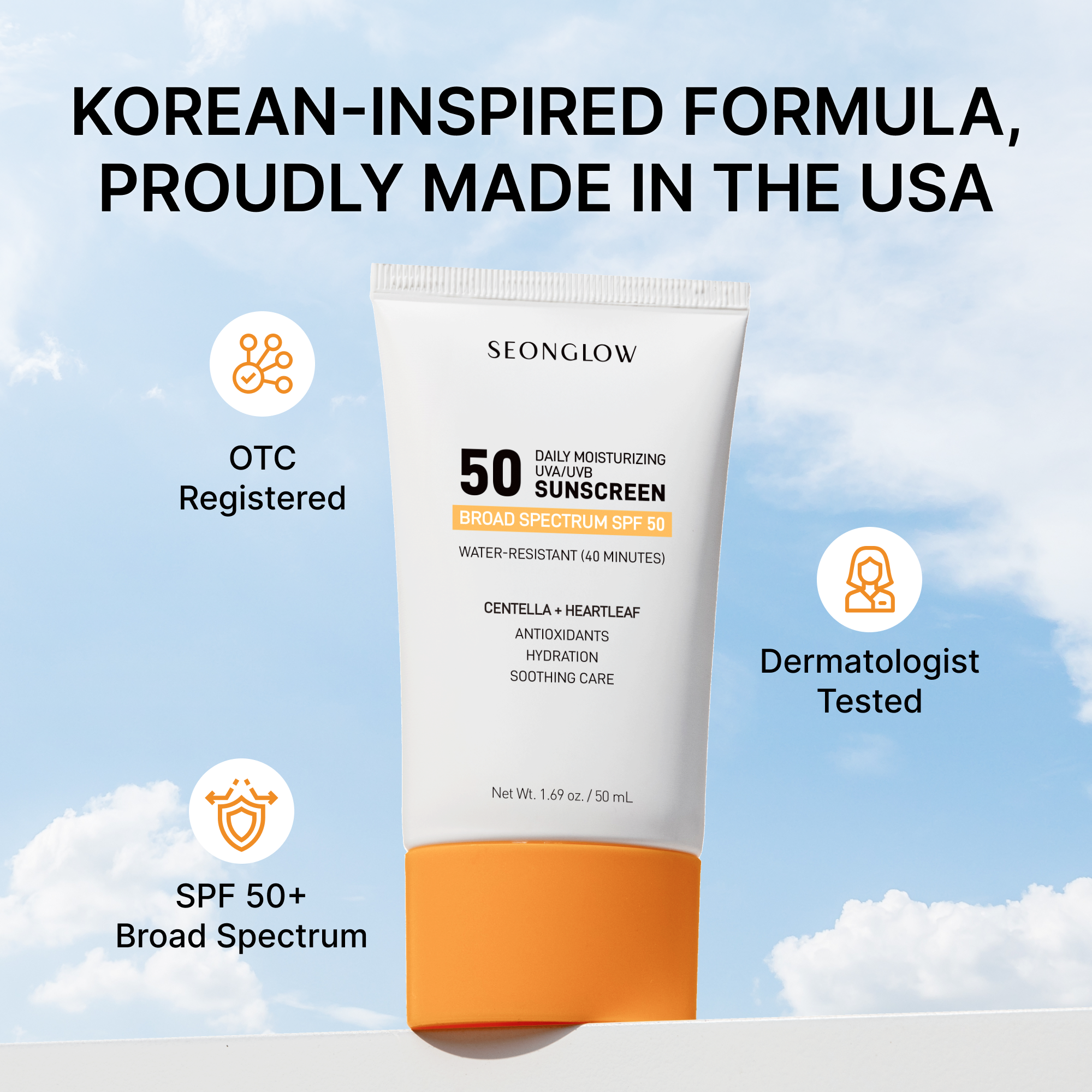 Sunscreen for Face SPF 50: Korean Daily Facial Moisturizer Sun Protector with Centella Heartleaf & Vitamin E - Lightweight Formula No White Cast & Water Resitant 0.68 OZ/ 20mL