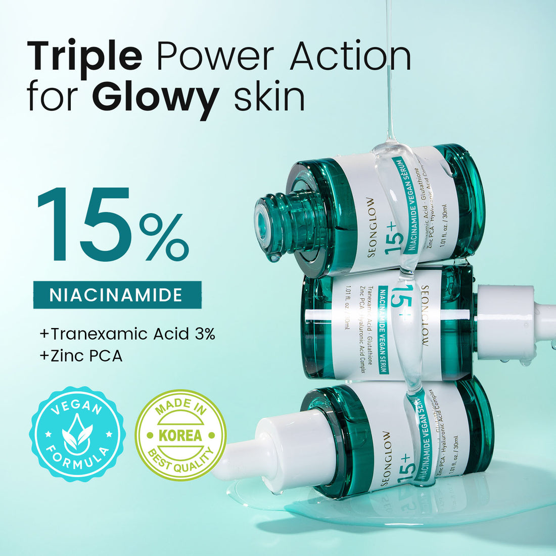 SEONGLOW 15% Vegan Niacinamide+ 3% Tranexamic Acid Serum: Korean Skin Care Niacinamide serum - Pore Minimizer for Face, Glutathione, Zinc PCA, 1.01 fl.oz.(30ml)