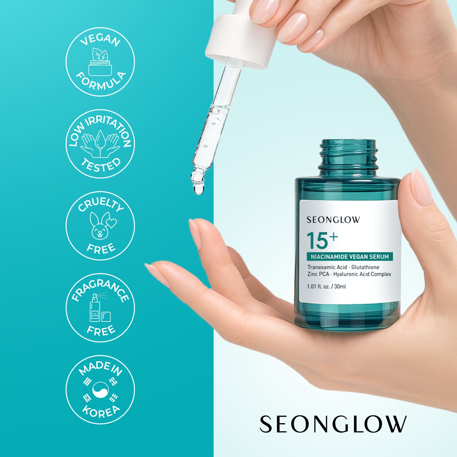 SEONGLOW 15% Vegan Niacinamide+ 3% Tranexamic Acid Serum: Korean Skin Care Niacinamide serum - Pore Minimizer for Face, Glutathione, Zinc PCA, 1.01 fl.oz.(30ml)